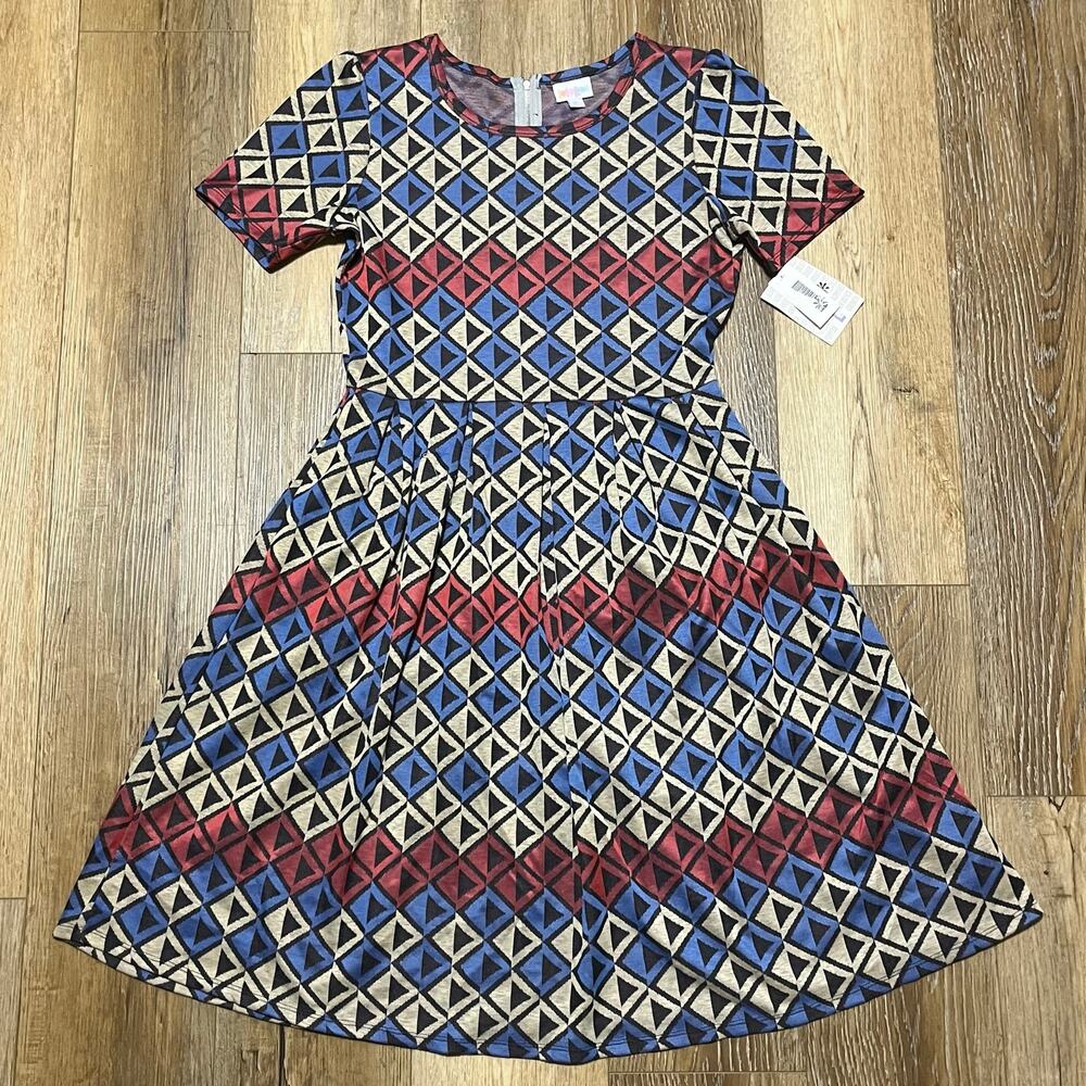 NWT LuLaRoe Amelia Fit & Flare Pleated Dress L Red White Blue Geometric Jacquard